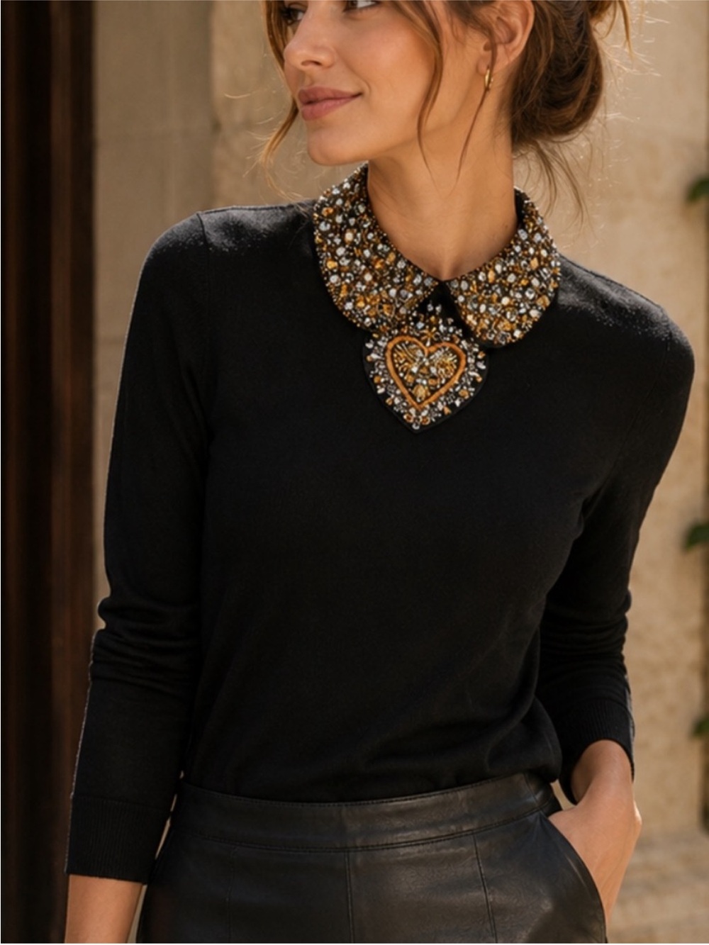 Alice + Olivia Porla Embellished Removable Collar Sweater in Black Gold